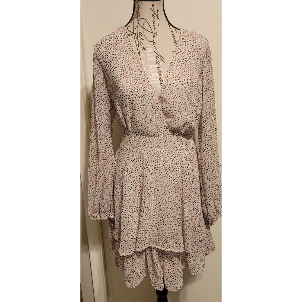 Jopna Cream Tan Black Spotted‎ Tiered Ruffle Mini Dress Long Sleeve Size L